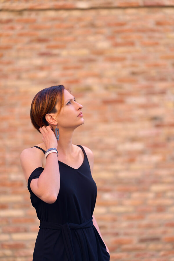 Model wears: HELENA bracelet – White, GIULIANA earrings – Gray - BANIZS