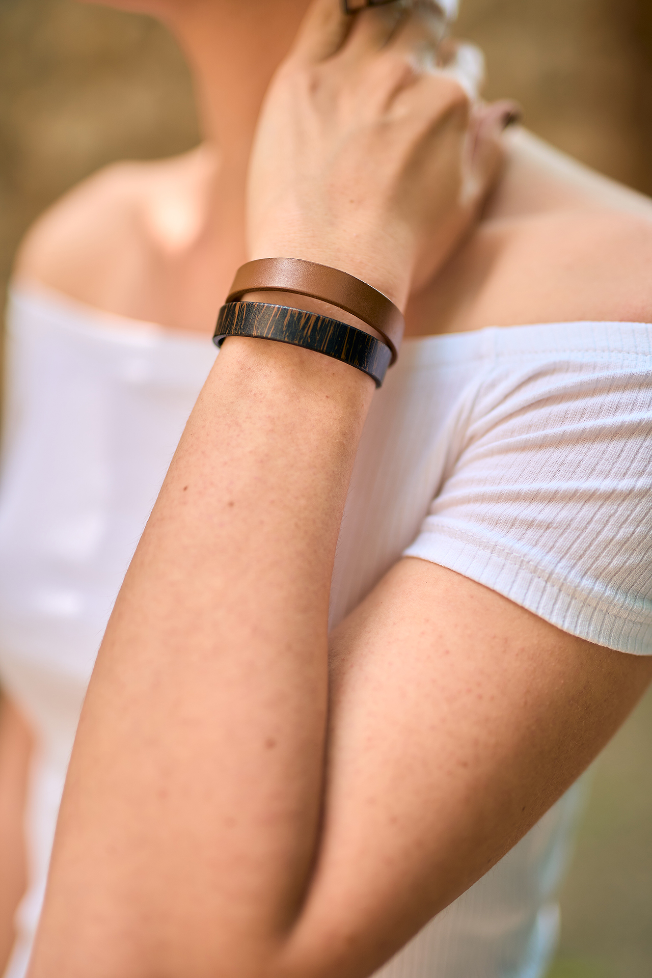 Double leather bracelet black - brown