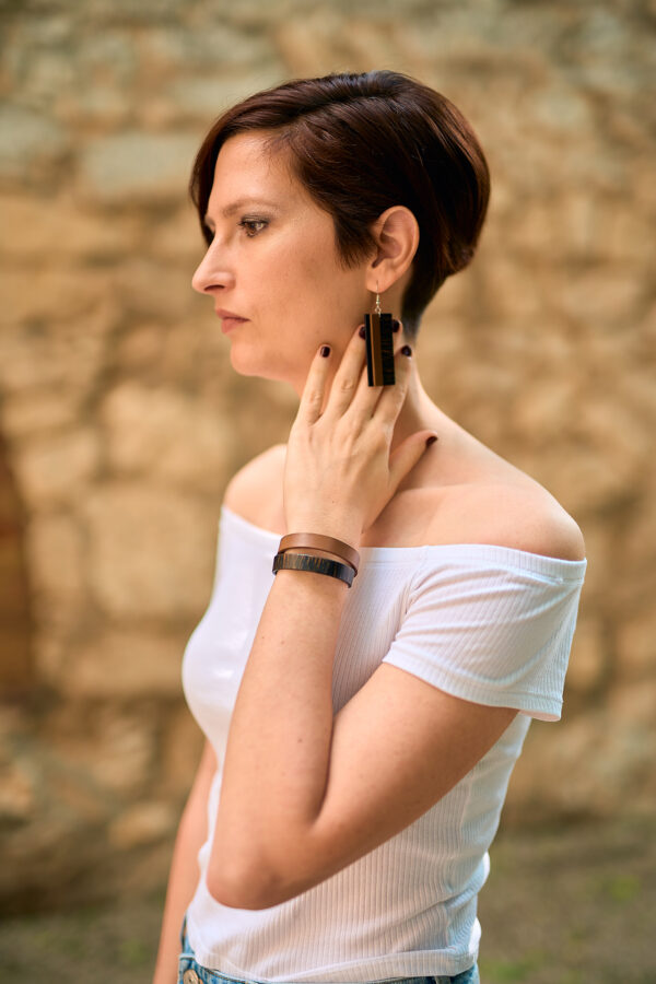 Layered black - brown leather earrings and double bracelet