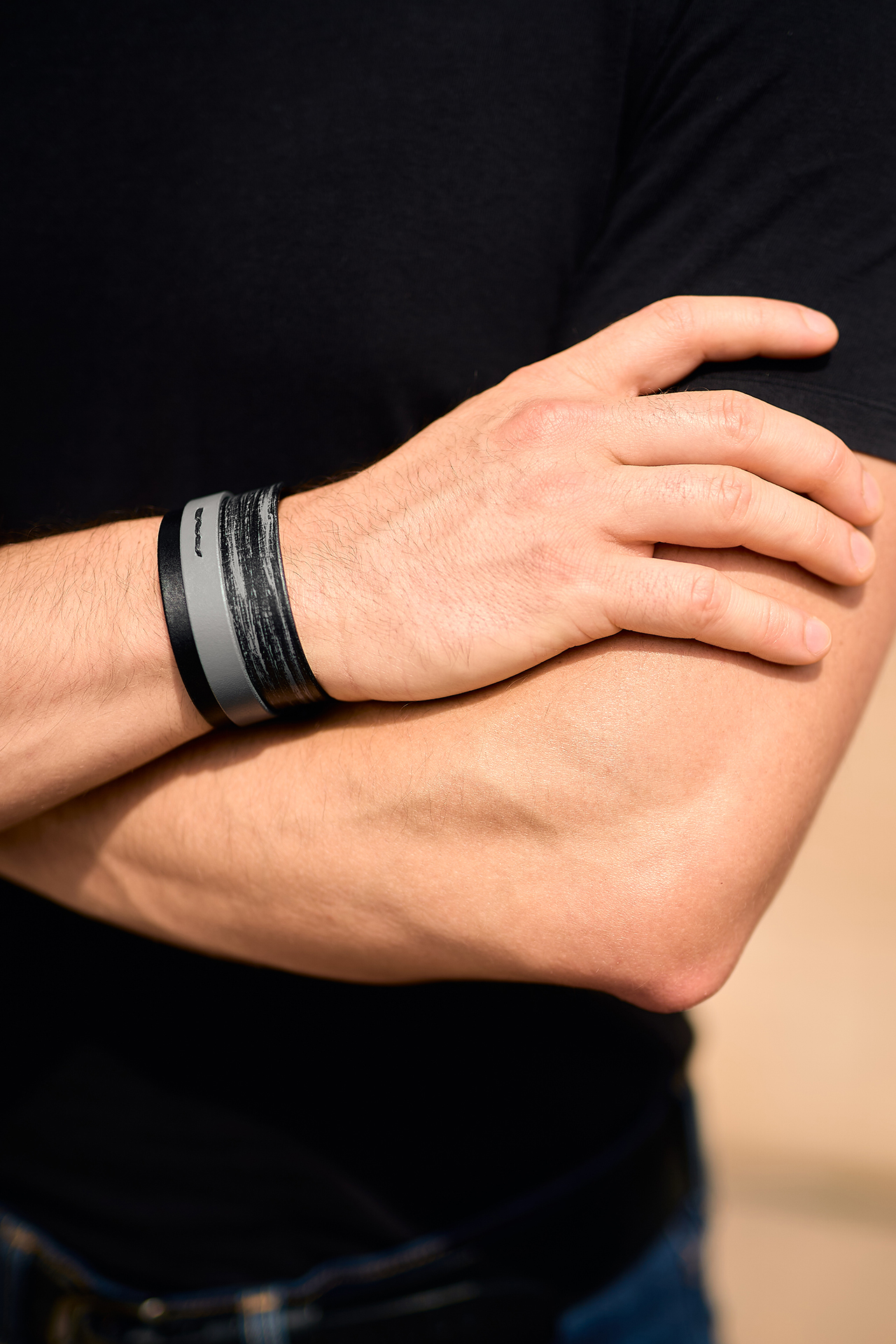 Layered gray leather men bracelet