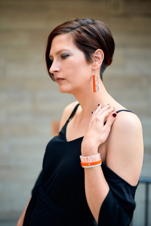 Layered leather bracelet and earrings orange