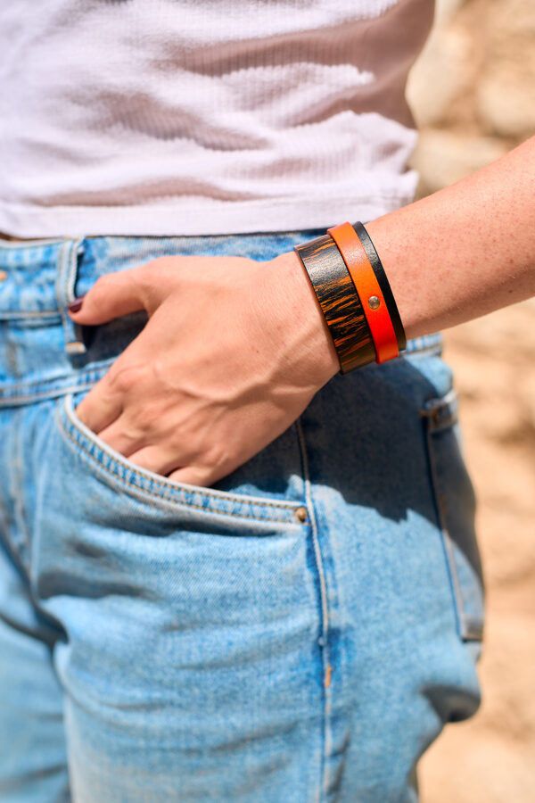 Layered leather bracelet black - orange