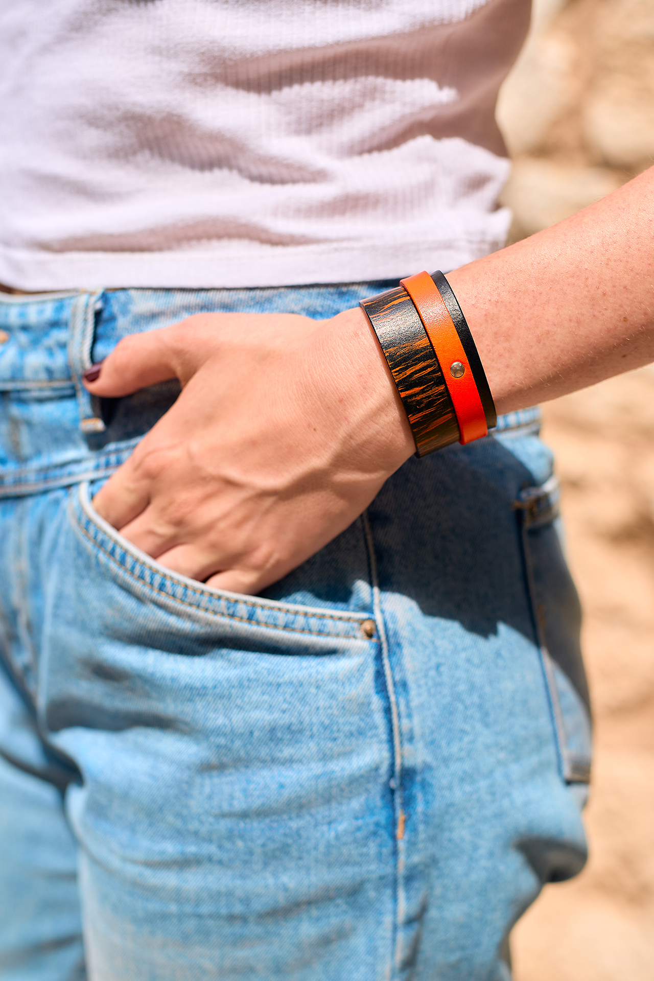 Layered leather bracelet black - orange