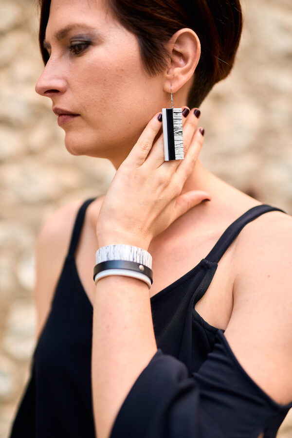 Layered leather earrings and bracelet black