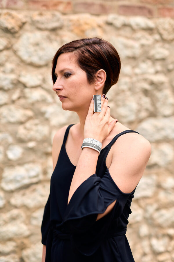 Layered leather earrings and bracelet gray