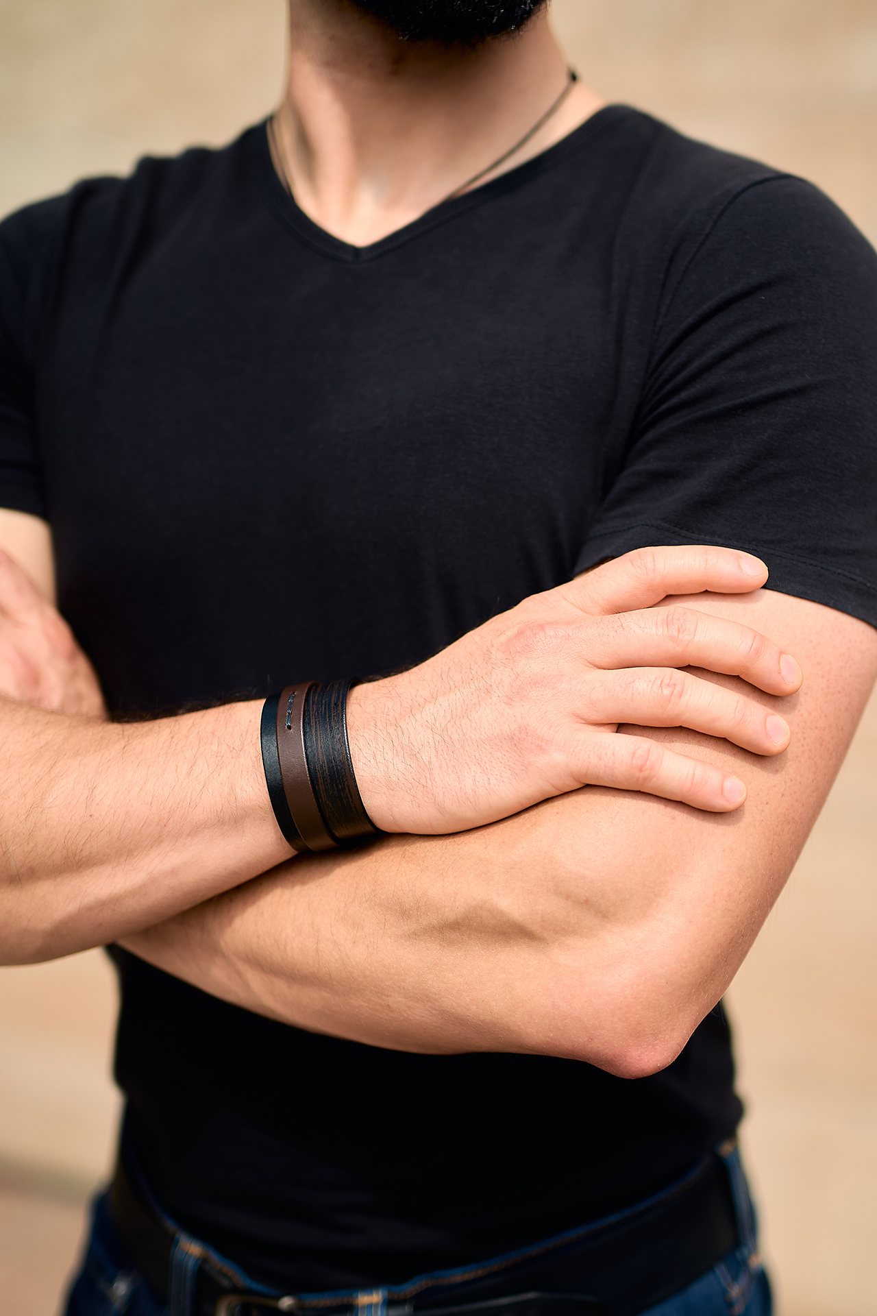 Layered leather men bracelet dark brown
