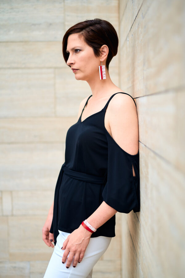 Layered leather red earrings and double bracelet