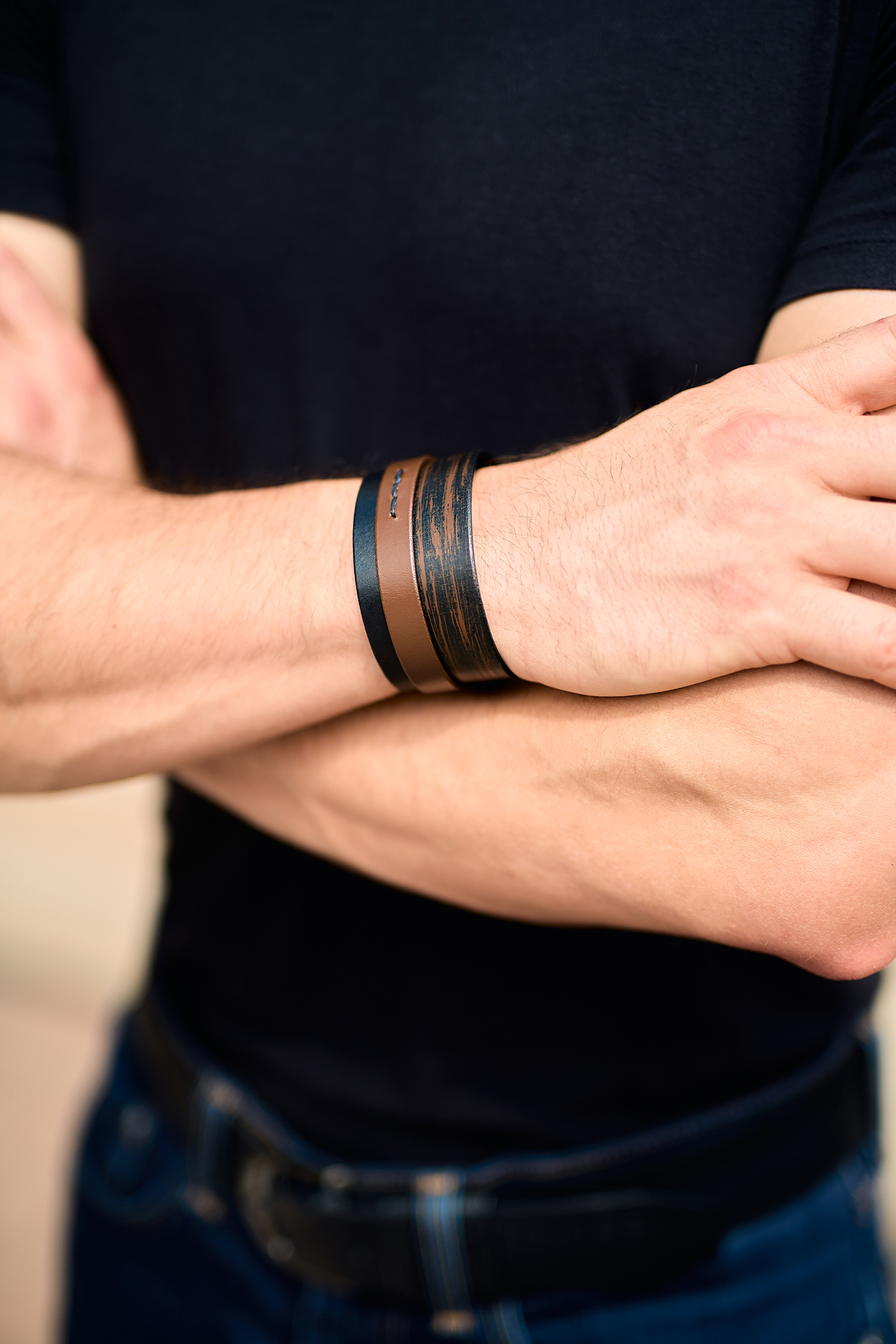 Layered light brown leather men bracelet