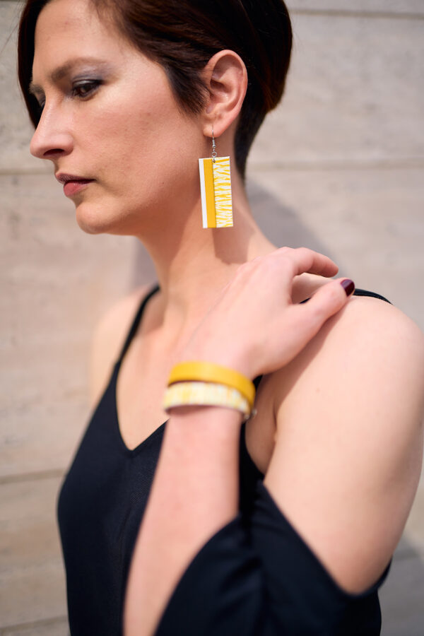 Layered yellow leather bracelet and double bracelet
