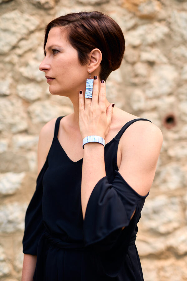 Patterned blue leather earrings and bracelet