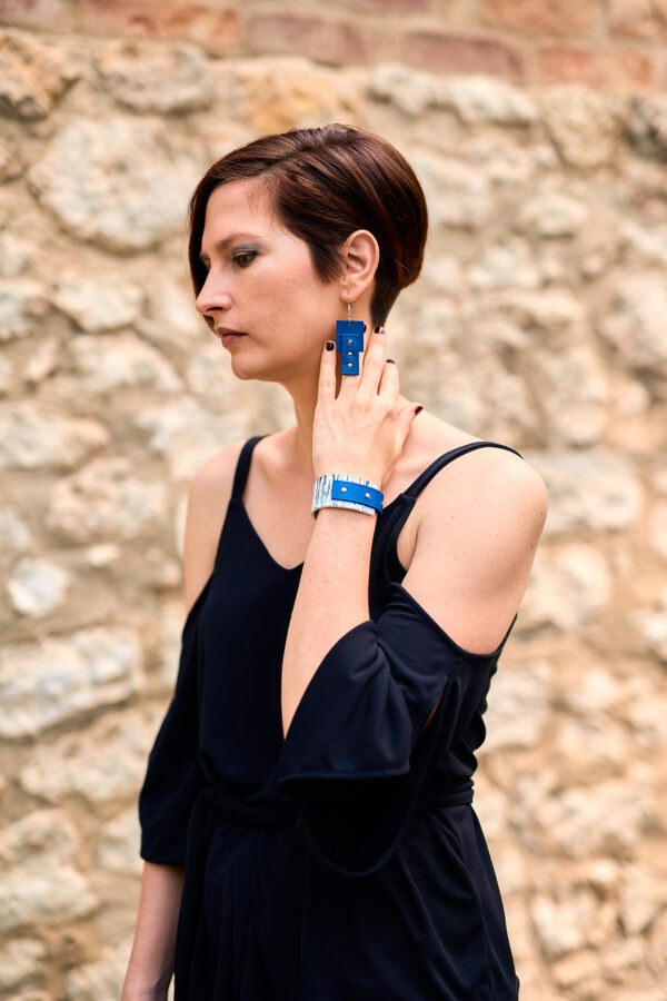 Rectangular blue leather earrings and bracelet