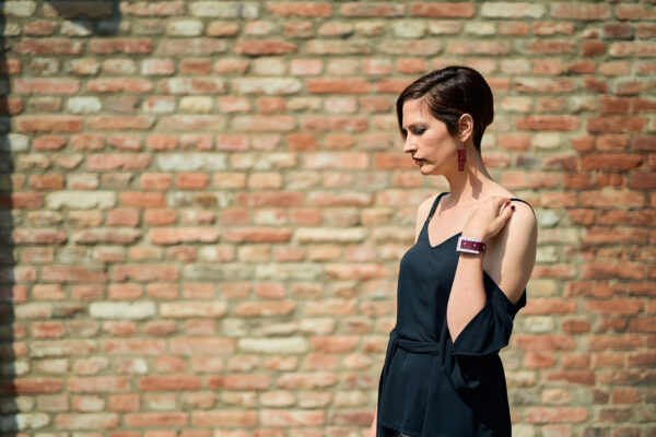 Rectangular leather earrings and bracelet bordeaux