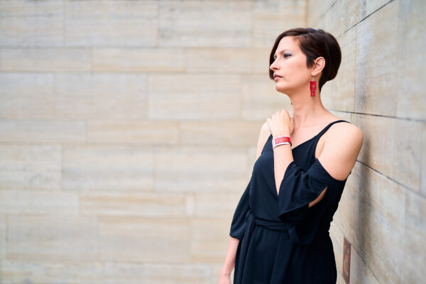 Rectangular red leather bracelet and earrings